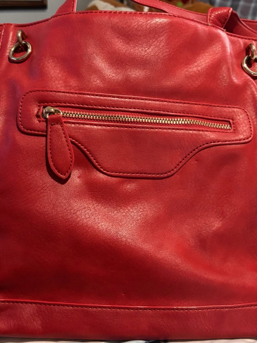 Red Leather Tote Bag with Front Zip Pocket